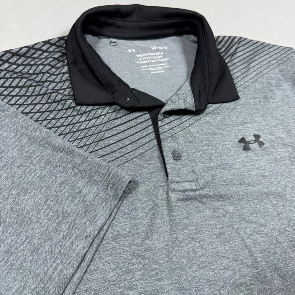 Under Armour Playoff Polo Mens Large Grey Black Geometric Golf Shirt Excellent